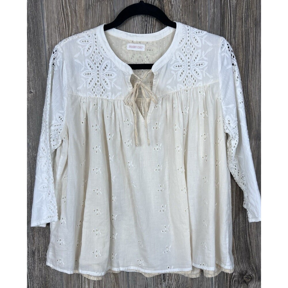 Shabby Chic Embroidered Eyelet Peasant Blouse MED Cotton Tassel Tie Cream White‎